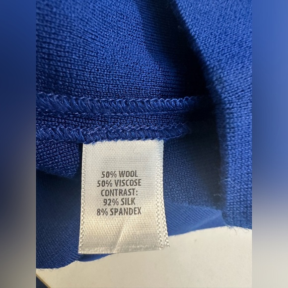 New ST. JOHN Cobalt Blue Dress Wool Shift Sheath Sweater Knit Navy Silk Trim - Picture 13 of 16